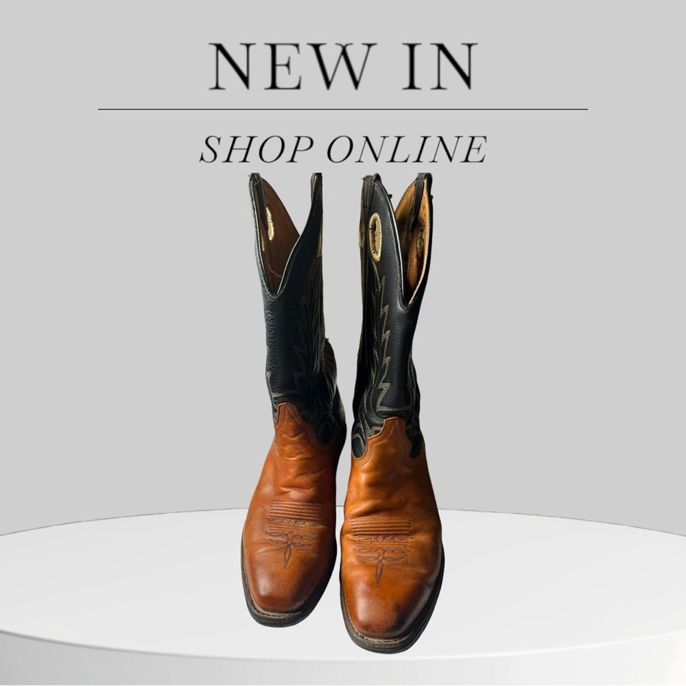 Larry Mahan Men's 10 D Black & Tan Leather Pull Holes Square Toe Western Boots